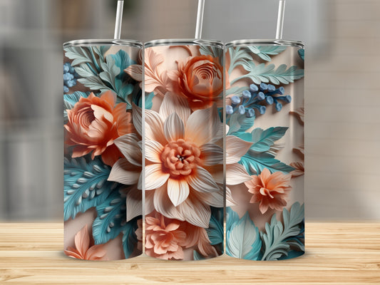 Three tall, slim tumblers with ornate floral and leaf patterns.