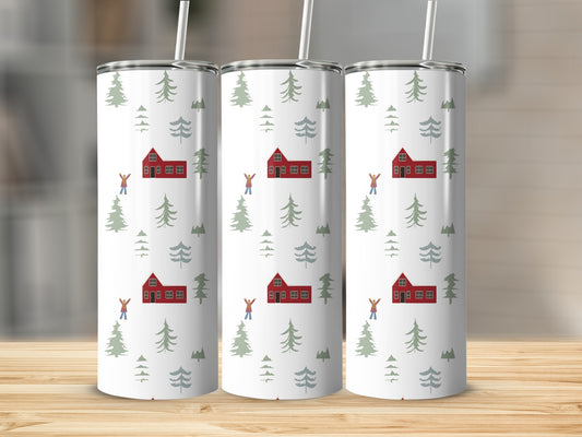 Three tumblers with a repeating pattern of red houses, green trees, and stick figures.