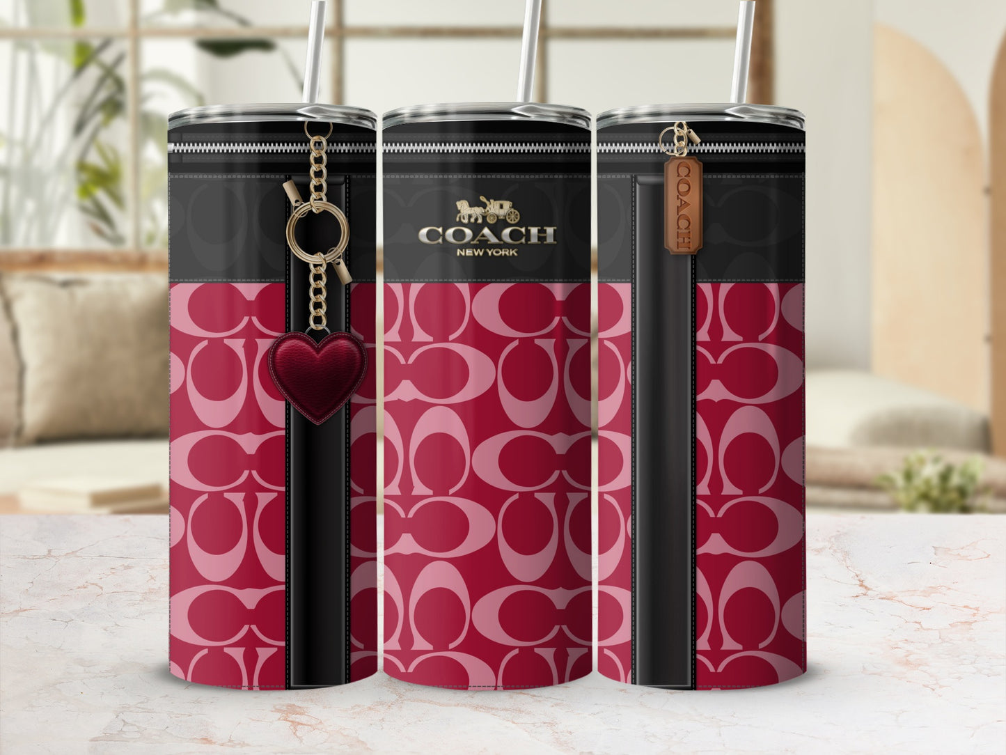 Stylish Coach New York Pink Pattern Tumbler with Heart Charm