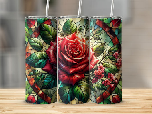 Three tumblers decorated with stained glass roses and floral patterns.