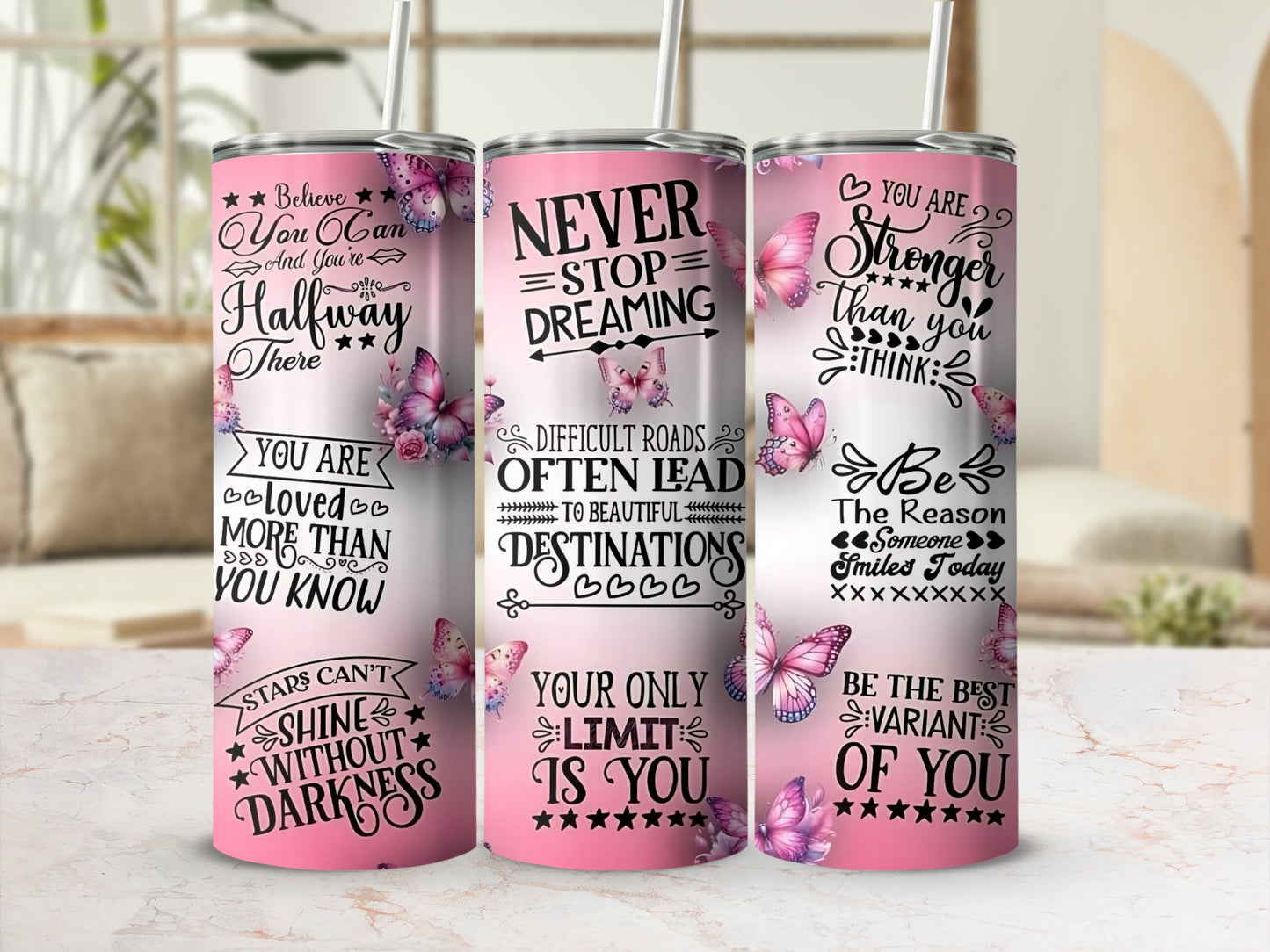 Motivational Pink Butterfly Design Travel Tumbler
