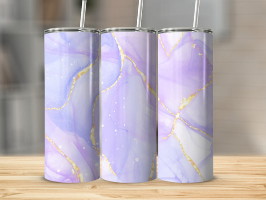 Three tumblers with marbled purple and gold abstract design.