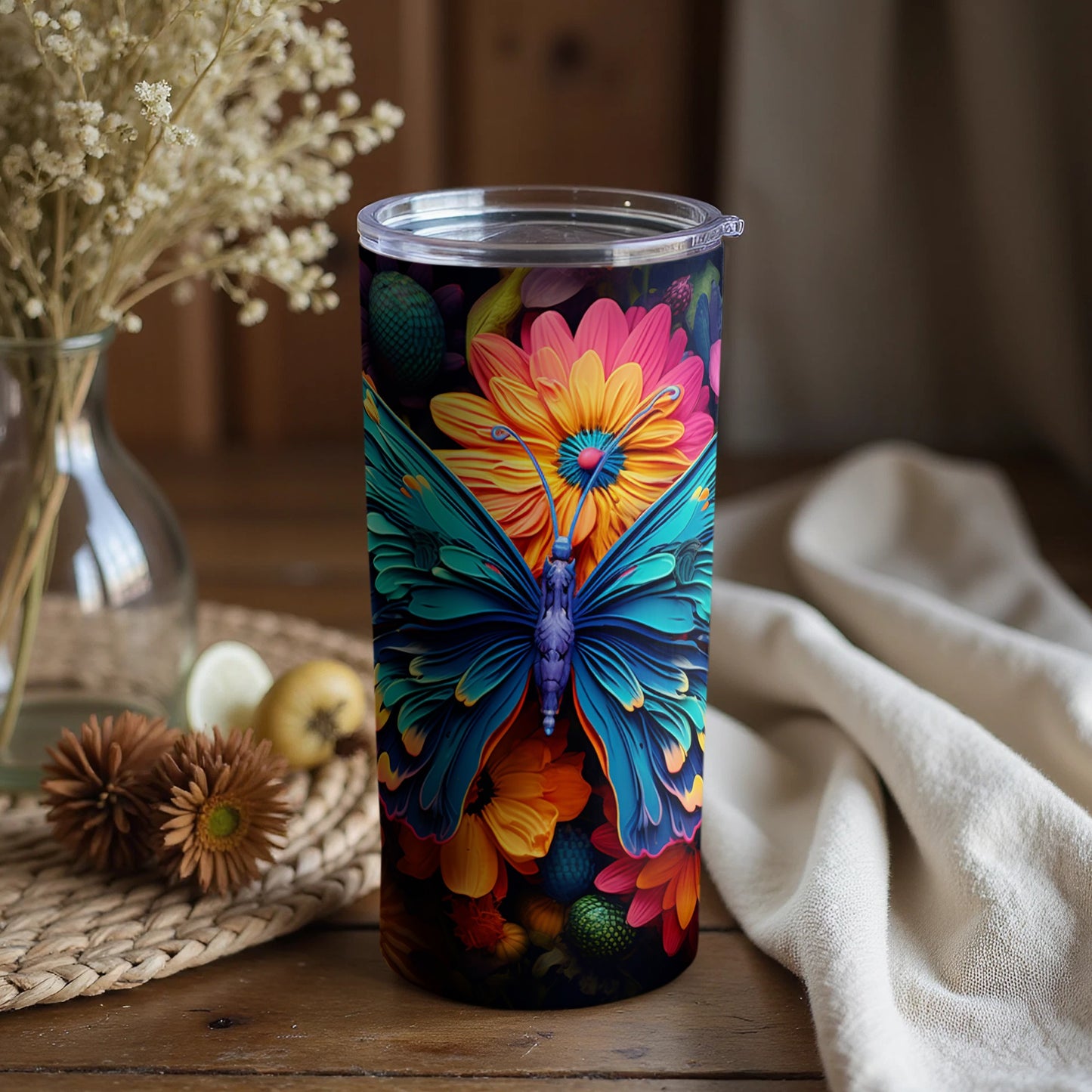 Colorful Floral and Butterfly Design Travel Mug