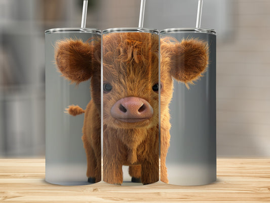 Fluffy Highland cow graphic on three stainless steel tumblers.