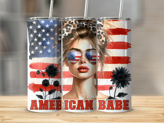 Tumbler with American flag, leopard print headband, sunglasses, and text "AMERICAN BABE".