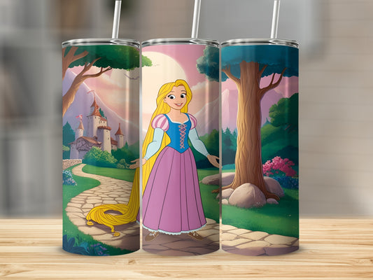 Rapunzel character on a patterned tumbler with a castle and forest scene.
