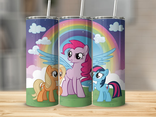 My Little Pony characters Applejack, Pinkie Pie, and Rainbow Dash on a rainbow background.