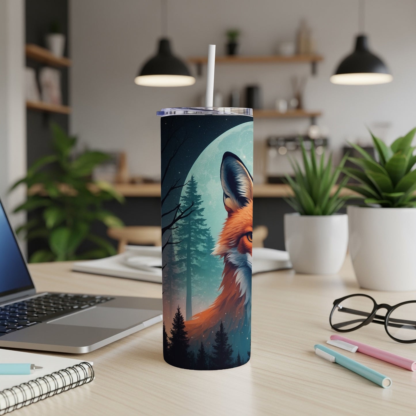 Tall tumbler with fox illustration on starry night sky and forest background.