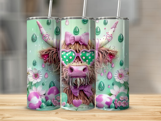 Highland cow with sunglasses and Easter eggs, green background with glitter.