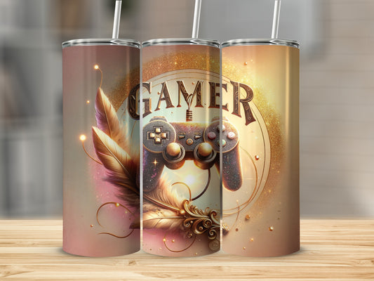 Gamer controller with feathers and sparkles on a gradient background.