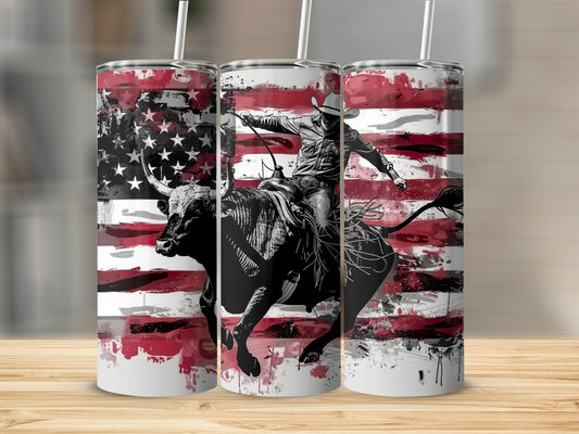 Bull rider on a bull against a distressed American flag background.