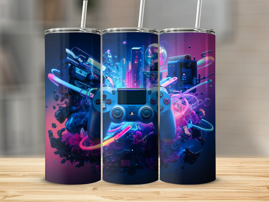 PlayStation controller with neon lights and cityscape on a tumbler.
