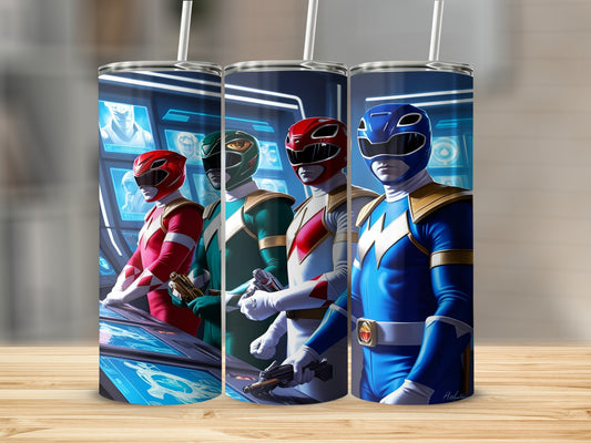 Red, green, white, and blue Power Rangers stand at control panels.