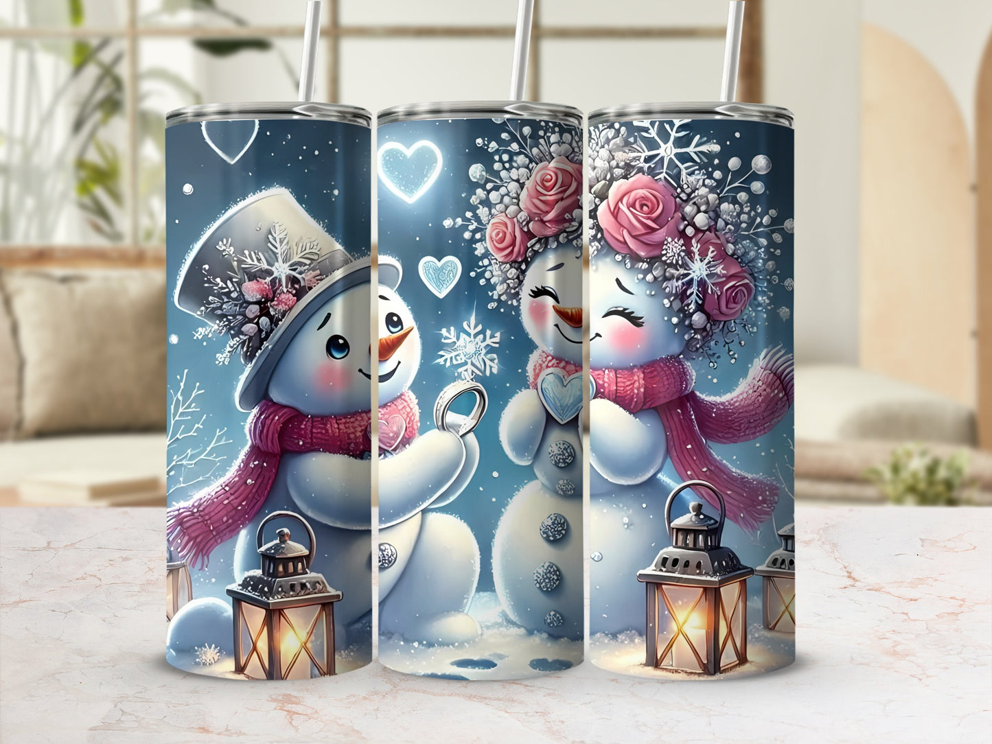 Adorable Snowman Couple and Lantern Design Tumbler