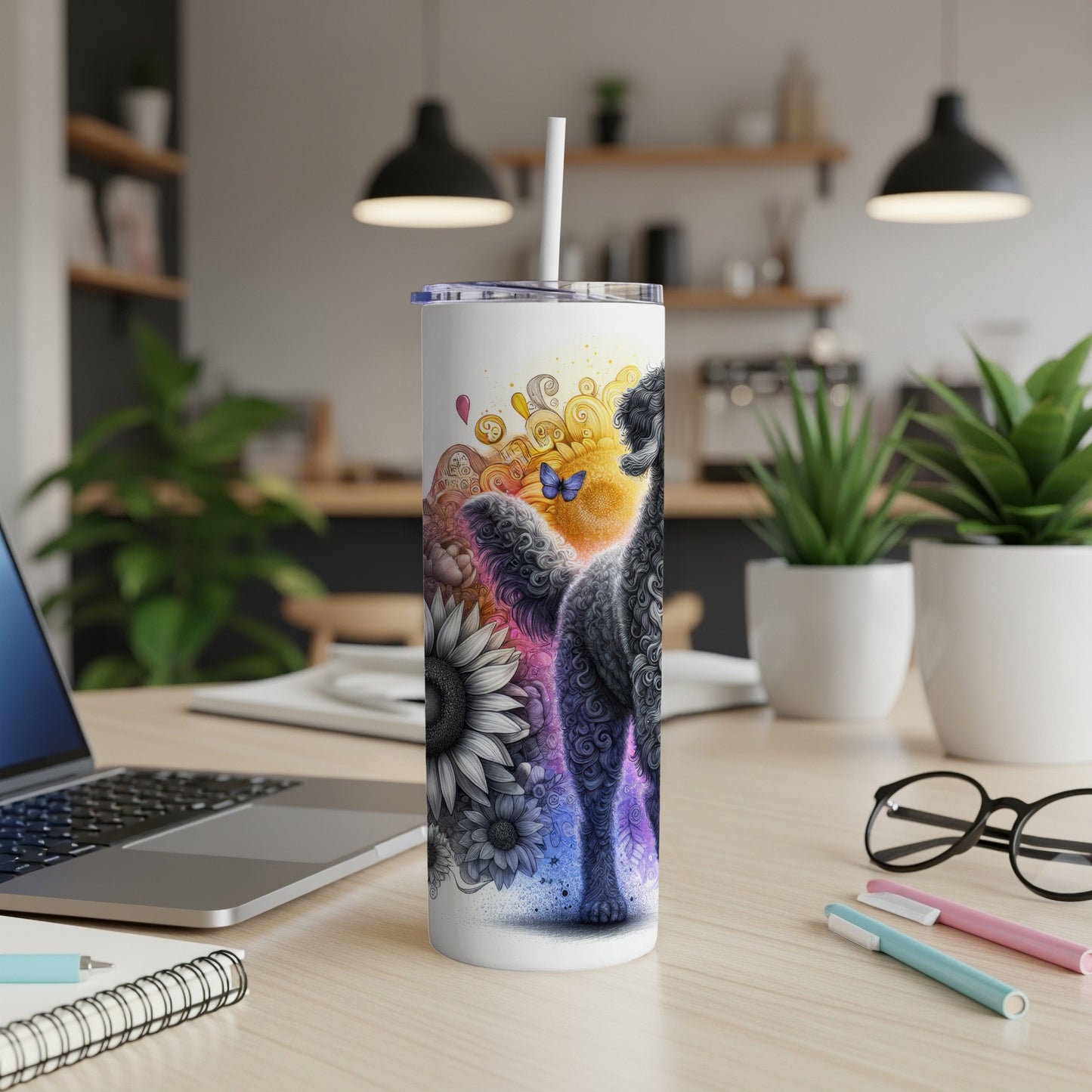 Black poodle and sunflowers on a white tumbler with a straw.
