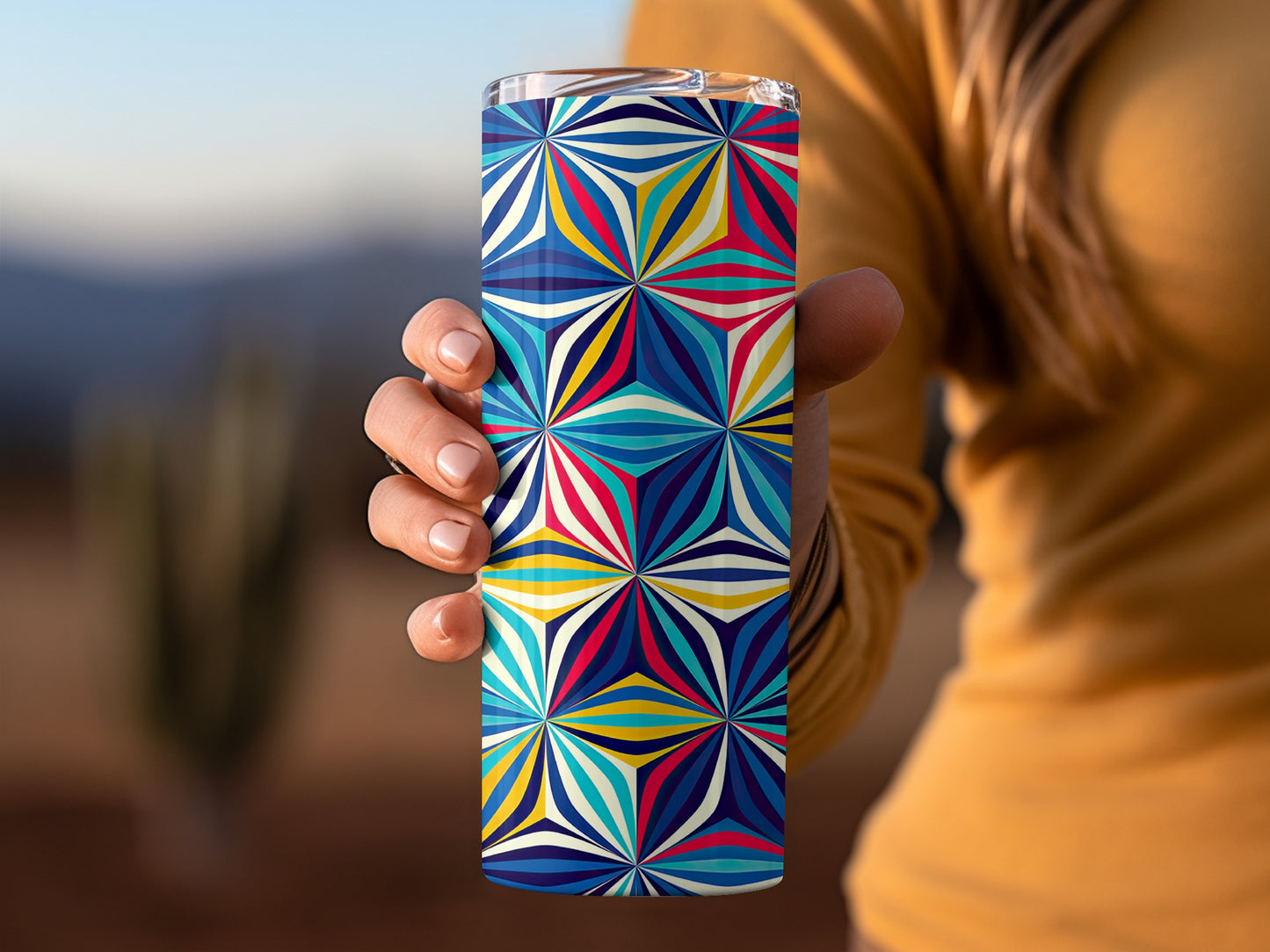 Kaleidoscope Flower Design Navy Blue Yellow Red Tumblers