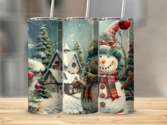 Three tumblers featuring a festive snowman and snowy village scene.