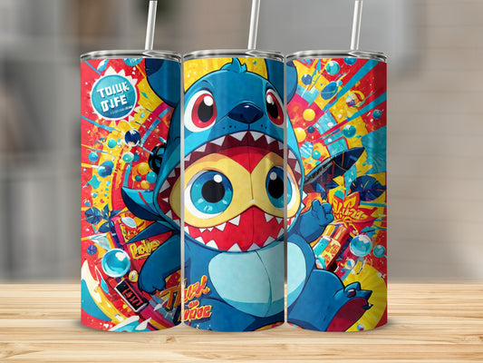 Three colorful tumblers featuring cartoon character Stitch from Lilo & Stitch.