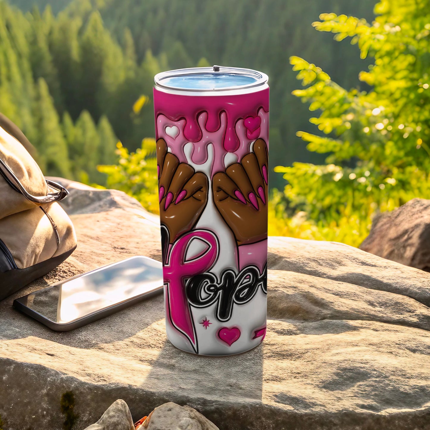 Pink ribbon design with dripping hearts and the word "Hope" on a tumbler.