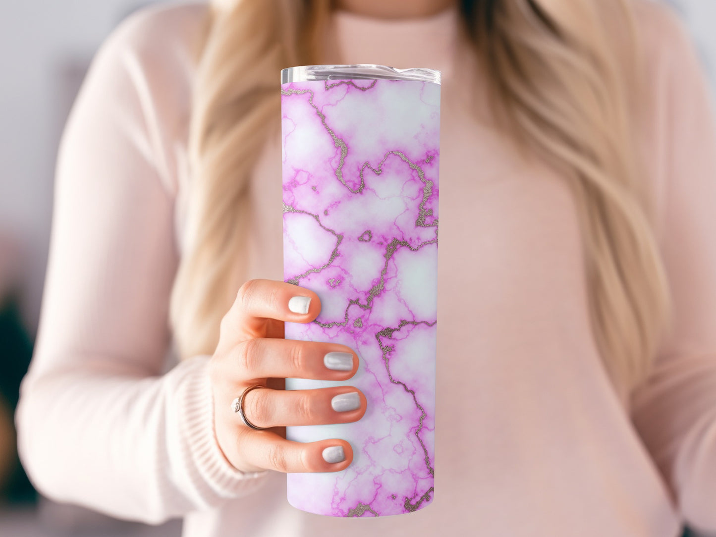 Pink Marble Texture Golden Veins Pattern Design Tumblers