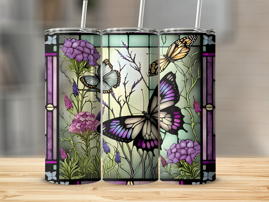 Three tumblers featuring stained glass butterflies and flowers.