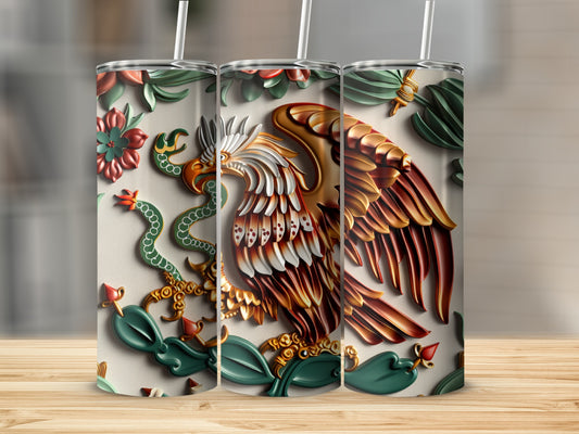 Triptych of tumblers featuring Mexican flag eagle emblem with floral accents.