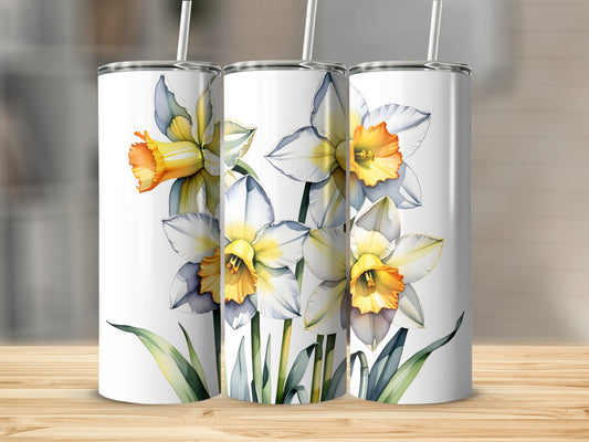 Three tumblers with a watercolor daffodil design.