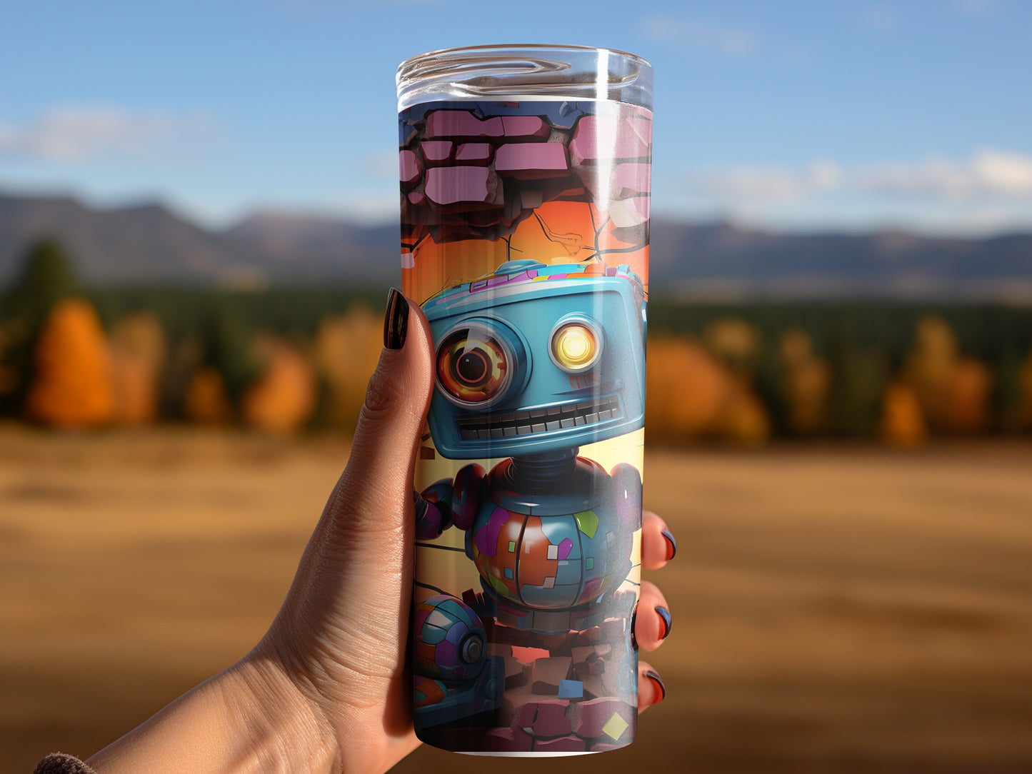 Robot Artwork Tumbler With Scenic Background View
