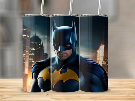Batman character art on three tumblers with city skyline background.
