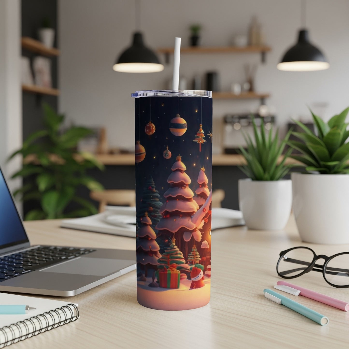 Christmas tumbler with Santa, trees, and ornaments on a wooden desk.