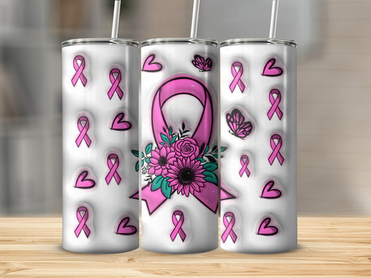 Three white tumblers with pink breast cancer ribbons and flowers design.
