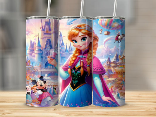 Anna from Frozen, holding a pink cup, with Disney castle background.