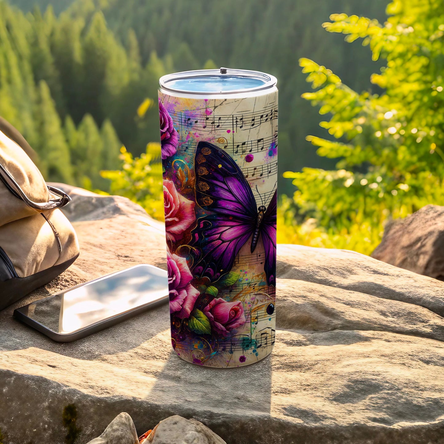 Purple Butterfly Pink Roses Musical Notes Tumbler product type