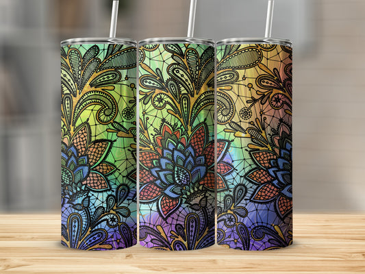 Three tall, colorful tumblers with a black lace-like floral pattern.