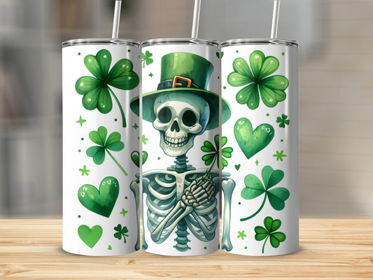 Skeleton wearing a green hat and holding a shamrock, surrounded by shamrocks and hearts.