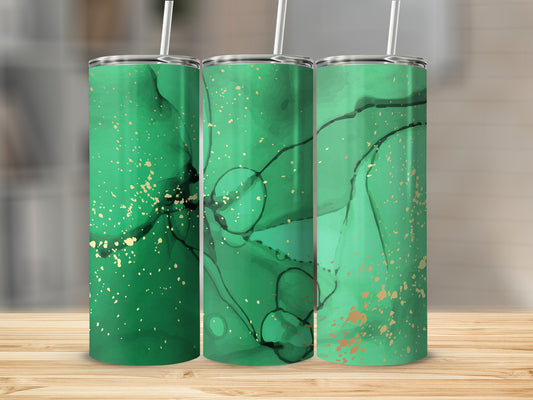 Three green tumblers with abstract gold splatter design.