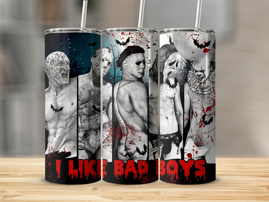Horror movie villains Freddy Krueger, Jason Voorhees, Michael Myers, and Pennywise on tumblers.