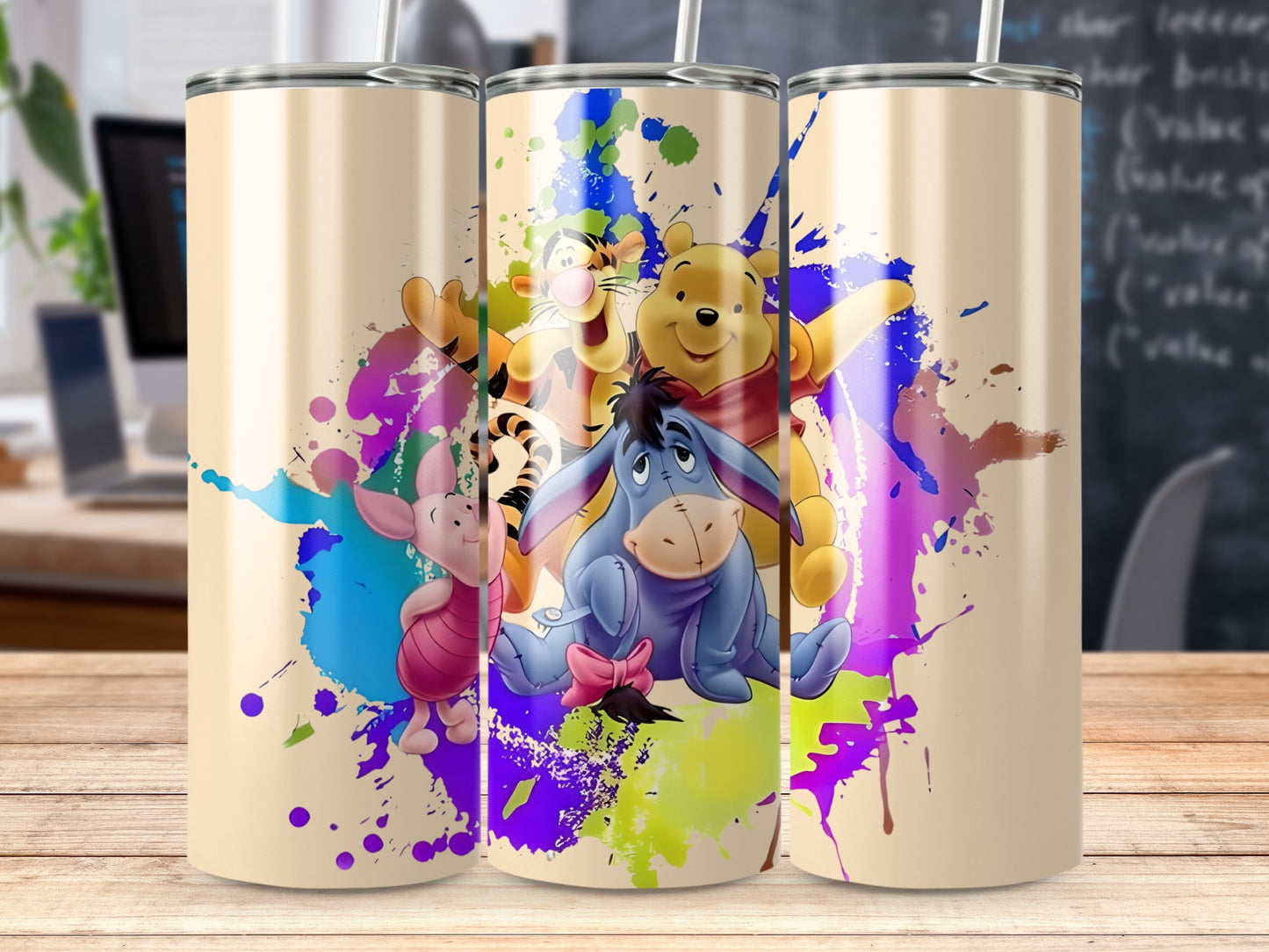Colorful Splatter Winnie the Pooh Character Tumbler