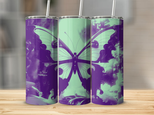Purple and green butterfly design on three tumblers with straws.
