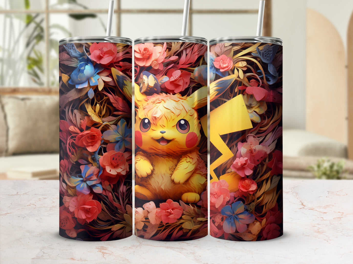 Adorable Pikachu Floral Art on Colorful Travel Tumbler