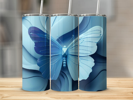 Three blue tumblers with a layered butterfly design.
