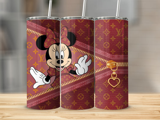 Minnie Mouse on a Louis Vuitton-patterned tumbler with a gold zipper detail.