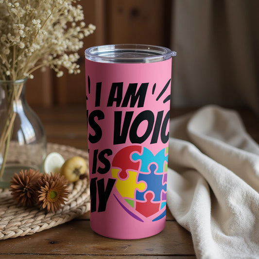 I Am His Voice Pink Tumbler with Puzzle Heart Design