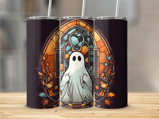 Ghost in stained glass design on a skinny tumbler.
