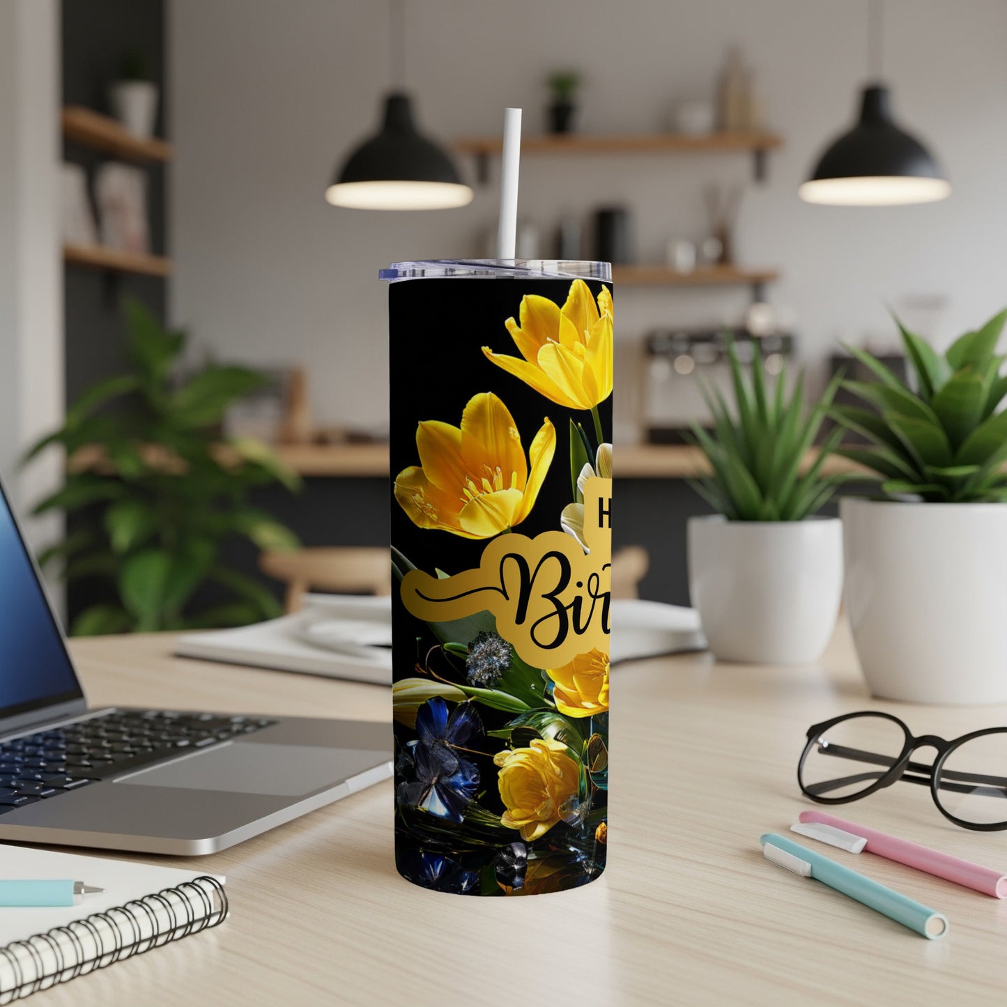 Black tumbler with yellow flowers and "Happy Birthday" text.