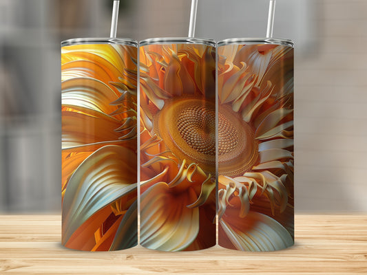 Three tumblers featuring a close-up, abstract sunflower design.