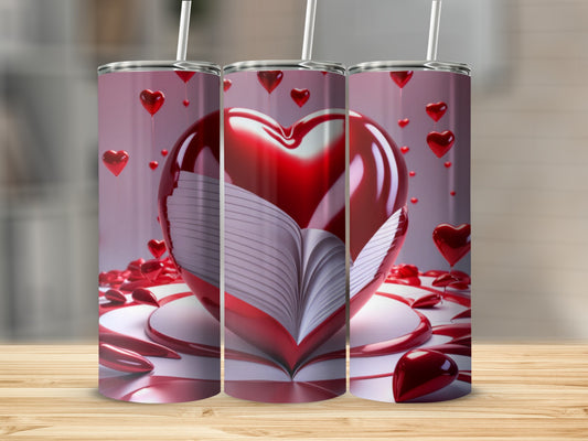 Three tumblers displaying an open book with a large heart on top.