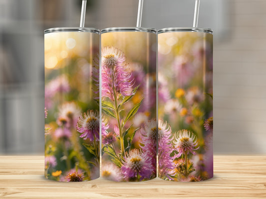 Three tumblers with a close-up floral pattern featuring pink wildflowers.