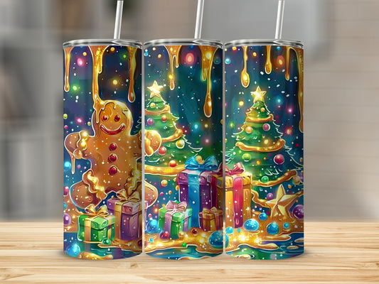 Gingerbread man and gifts with Christmas trees and dripping icing.