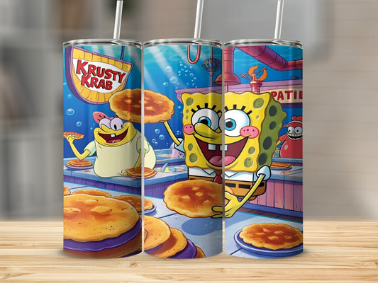 SpongeBob holding Krabby Patties at the Krusty Krab restaurant.